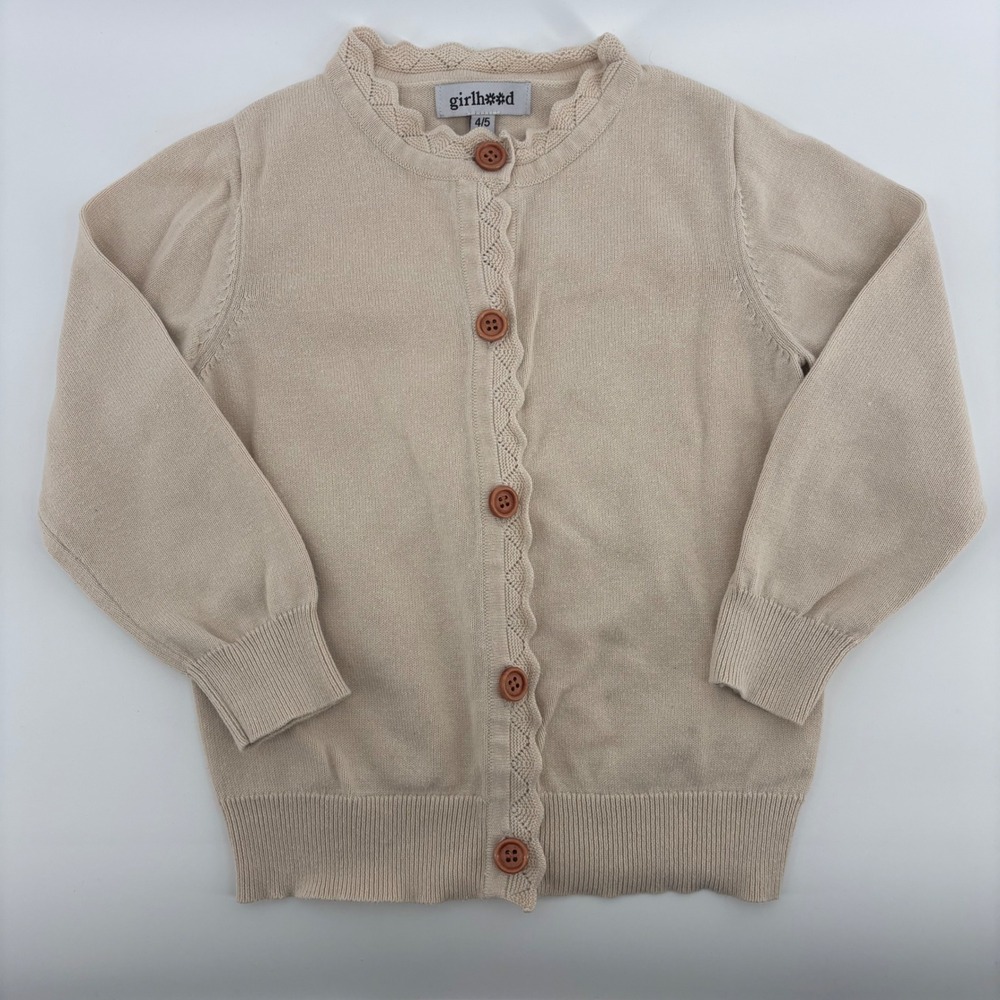 Girlhood Kids Beige 100% Cotton Scalloped Pointelle Cardigan Sweater Size 4/5